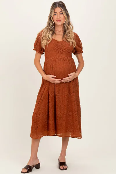 PinkBlush Rust Embroidered Mesh Short Sleeve Maternity Midi Dress