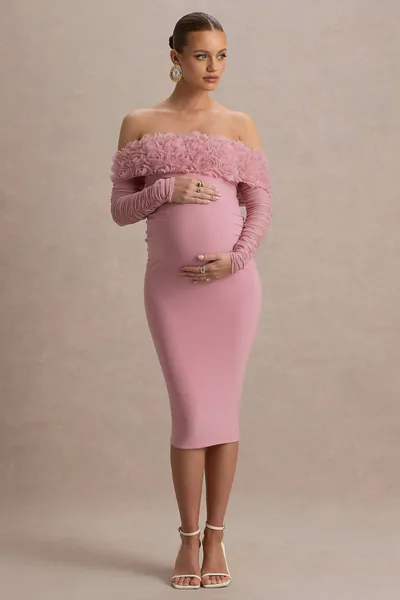 Club L London Adita | Blush Pink Mesh Floral Bardot Maternity Midi Dress
