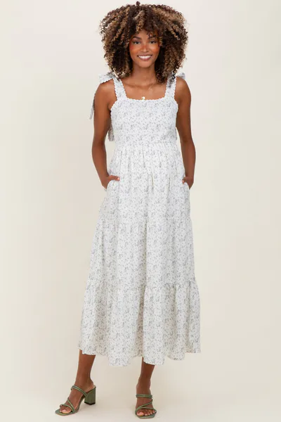 PinkBlush Ivory Floral Lace Trim Shoulder Tie Maternity Maxi Dress