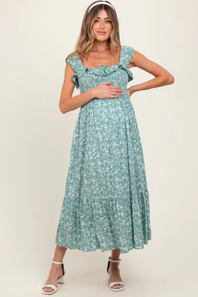 PinkBlush Light Olive Floral Smocked Ruffle Detail Maternity Midi Dress