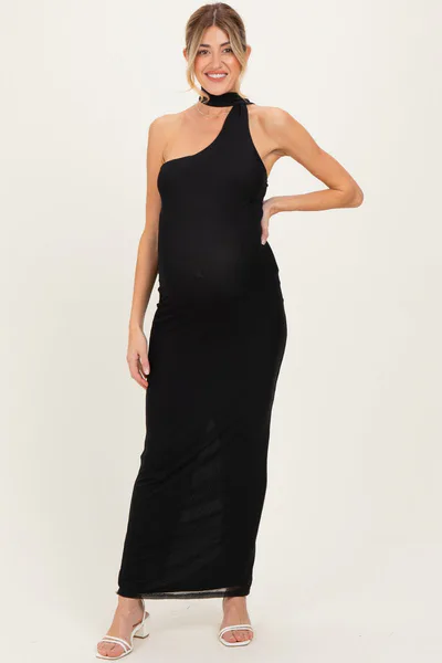 PinkBlush Black Mesh Overlay Halter Maternity Maxi Dress