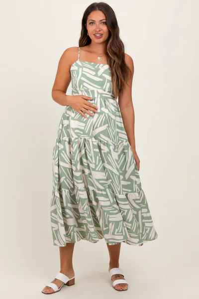 PinkBlush Light Olive Printed Cutout Tie Back Tiered Maternity Midi Dress