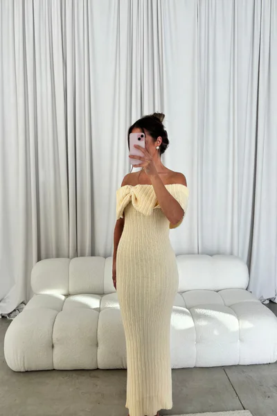 Worth Collective Aston Bow Front Maxi Sweater Dress in Butter Yellow - Bump Friendly