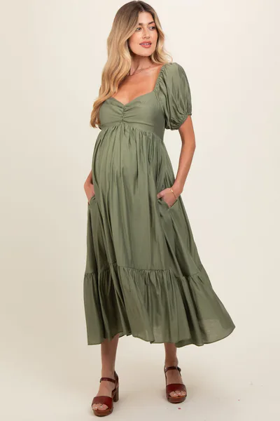 PinkBlush Olive Ruched Sweetheart Neck Tiered Maternity Midi Dress