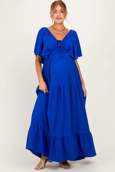 PinkBlush Royal Woven Textured Flutter Sleeve V-Neck Tiered Maternity Maxi Dress