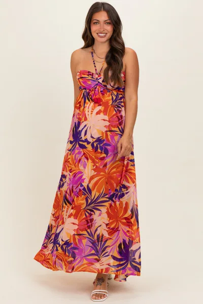 PinkBlush Sunset Tropical Print Halter Maternity Maxi Dress