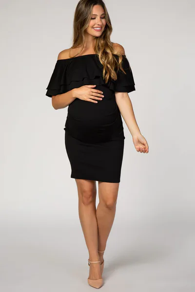 PinkBlush Black Off Shoulder Ruched Maternity Dress