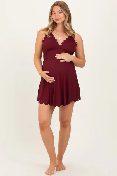 PinkBlush Dark Burgundy Ribbed Scallop Hem Maternity Swim Dress