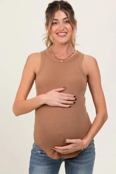 PinkBlush Camel Ribbed Basic Crew Neck Maternity Tank