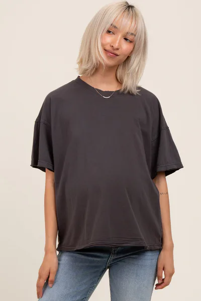 PinkBlush Black Boxy Raw Edge Maternity Short Sleeve Tee