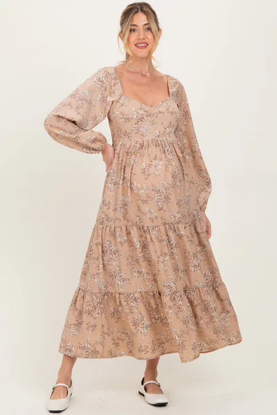 PinkBlush Beige Antique Floral Neck Maternity Maxi Dress