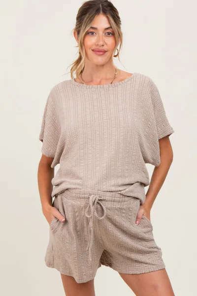 PinkBlush Taupe Textured Knit Dolman Sleeve Top Shorts Maternity Set