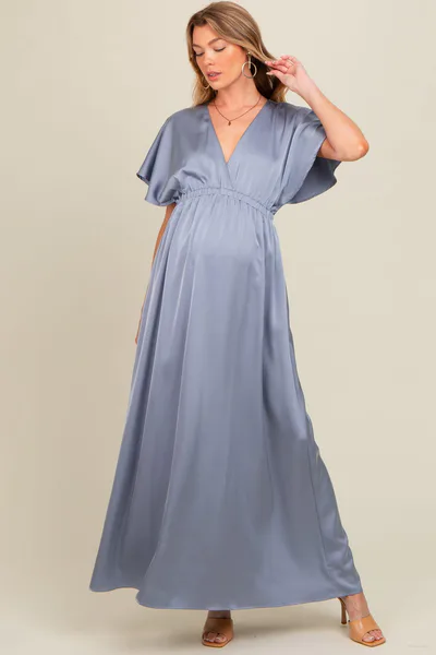 PinkBlush Grey Satin V-Neck Flutter Short Sleeve Maternity Maxi Dress