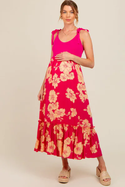PinkBlush Fuchsia Floral Colorblock Maternity Midi Dress