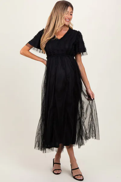 PinkBlush Black Ruffle Accent Mesh Overlay Maternity Maxi Dress