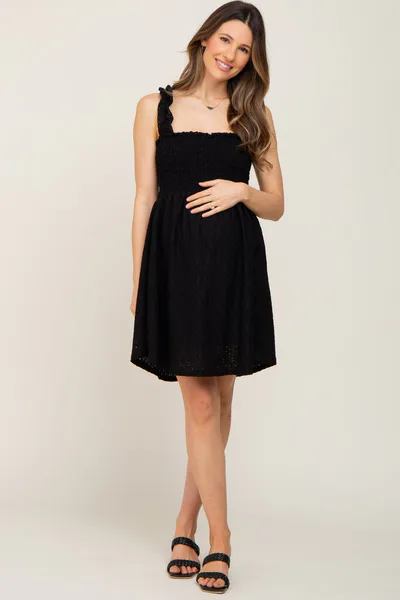 PinkBlush Black Smocked Eyelet Maternity Dress