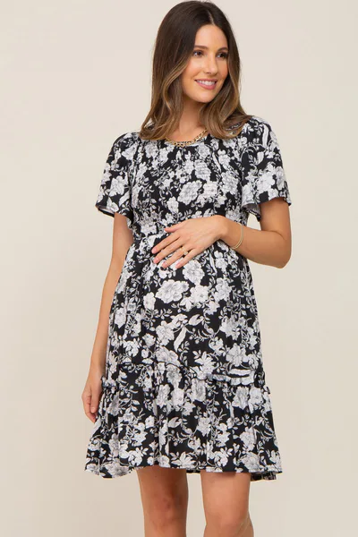 PinkBlush Black Floral Smocked Gathered Tier Maternity Dress