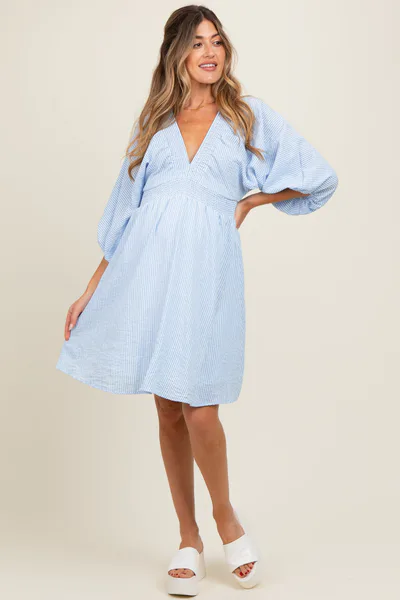 PinkBlush Blue Striped Balloon Sleeve V-Neck Maternity Dress