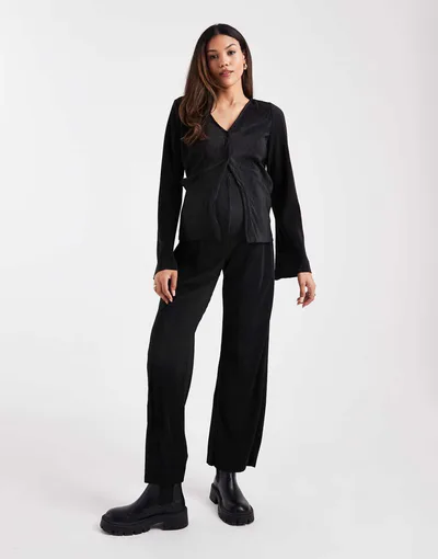 ASOS Mamalicious Maternity plisse straight leg pants in black - part of a set