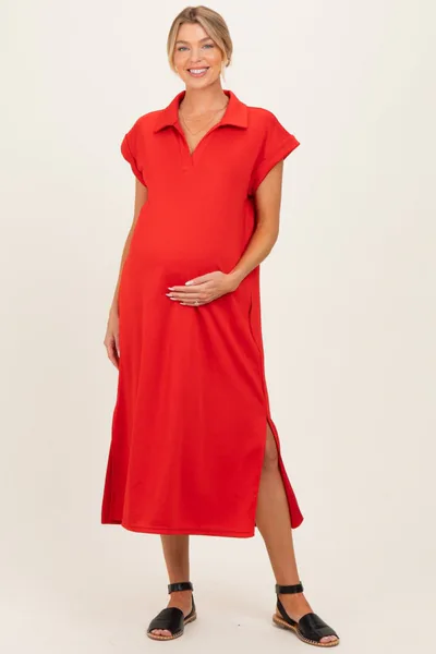 PinkBlush Tomato Red Collared Oversized Maternity Midi Dress