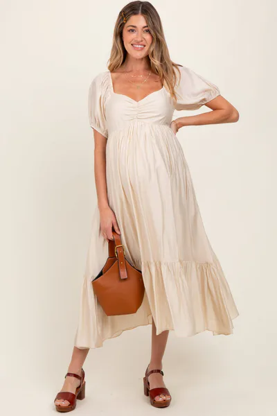 PinkBlush Cream Ruched Sweetheart Neck Tiered Maternity Midi Dress