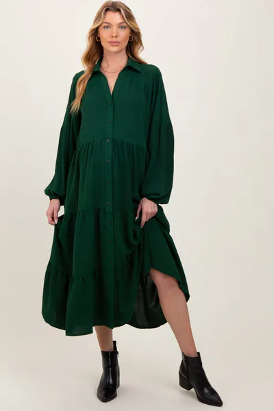 PinkBlush Forest Green Tiered Button Down Long Sleeve Maternity Maxi Dress