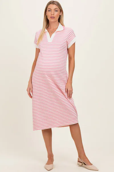 PinkBlush Pink Striped Polo Maternity Midi Dress