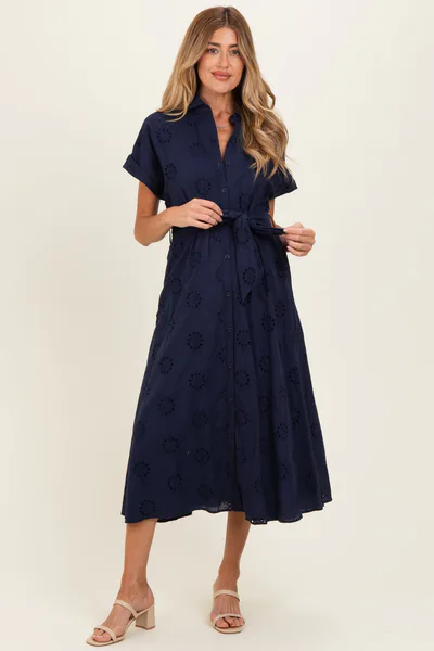 PinkBlush Navy Eyelet Lace Waist Tie Maternity Shirt Dress