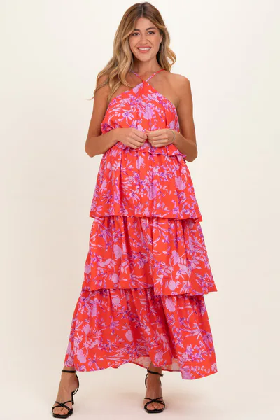 PinkBlush Red Floral Flowy Tiered Maternity Maxi Dress