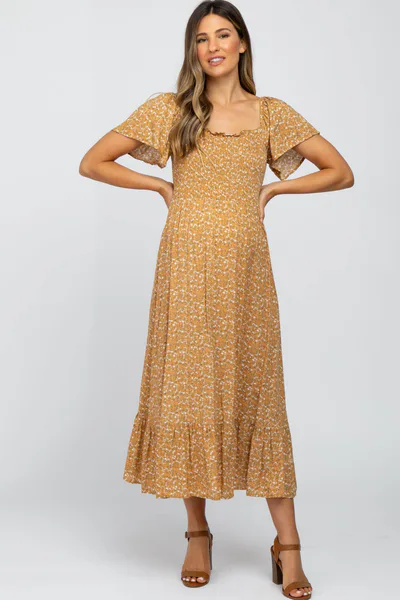 PinkBlush Mustard Floral Smocked Maternity Maxi Dress