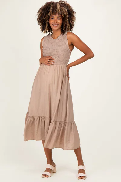 PinkBlush Beige Smocked And Tiered Maternity Maxi Dress