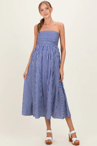 PinkBlush Denim Blue Striped Strapless Maternity Maxi Dress