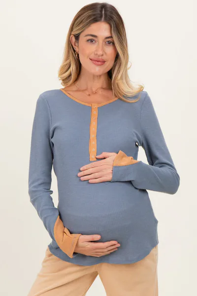 PinkBlush Blue Colorblock Snap Button Maternity Henley