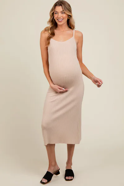 PinkBlush Beige Square Neck Ribbed Sleeveless Maternity Midi Dress