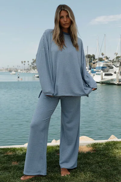 Worth Collective Naomi Striped Oversized Fleece Long Sleeve Top in Nantucket Blue - Bump Friendly