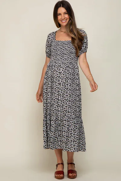 PinkBlush Black Floral Smocked Short Sleeve Maternity Midi Dress