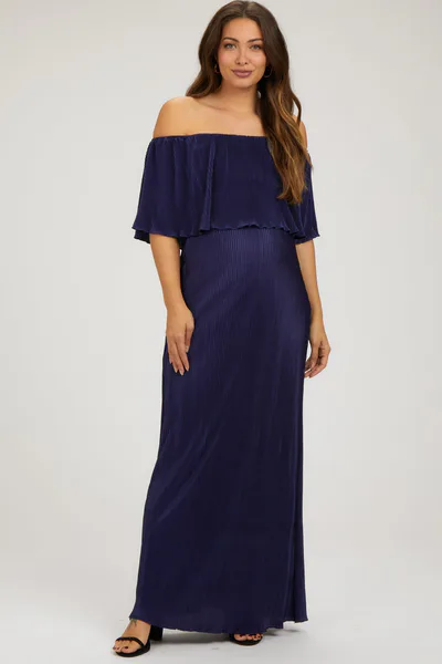 PinkBlush Navy Pleated Ruffle Off Shoulder Maternity Maxi Dress