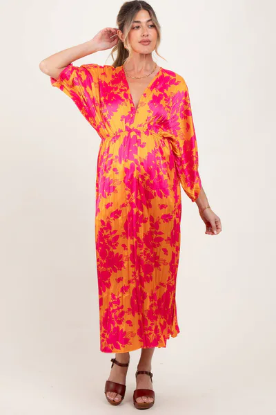 PinkBlush Orange Floral Satin Pleated V-Neck Maternity Maxi Dress
