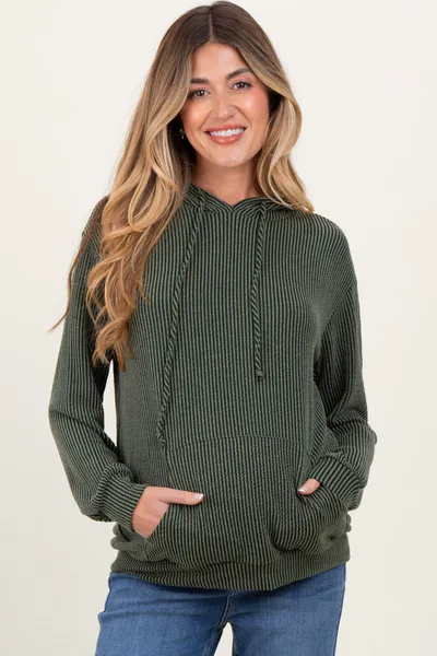 PinkBlush Olive Ribbed Basic Drawstring Maternity Hoodie