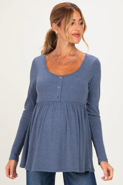 PinkBlush Blue Scoop Neck Button Front Long Sleeve Babydoll Maternity Top