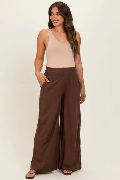 PinkBlush Brown Smocked Waistband Wide Leg Maternity Lounge Pants