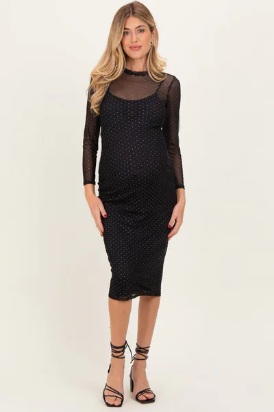 PinkBlush Black Printed Mesh Long Sleeve Maternity Midi Dress