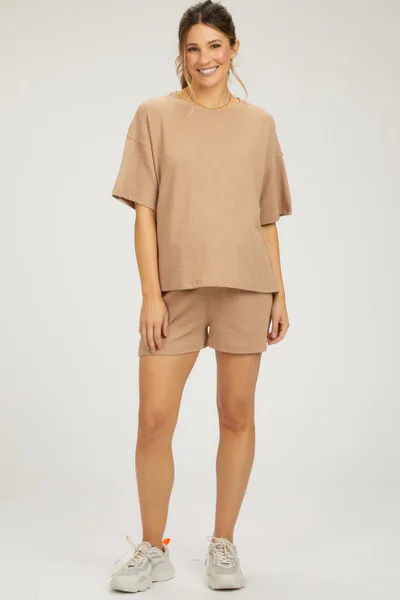 PinkBlush Taupe Ribbed Short Sleeve Maternity Short Set