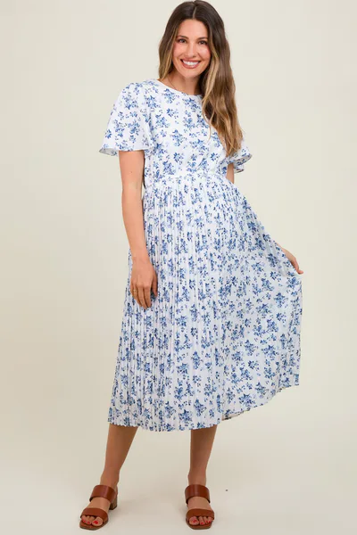 PinkBlush Blue Floral Peated Maternity Midi Dress