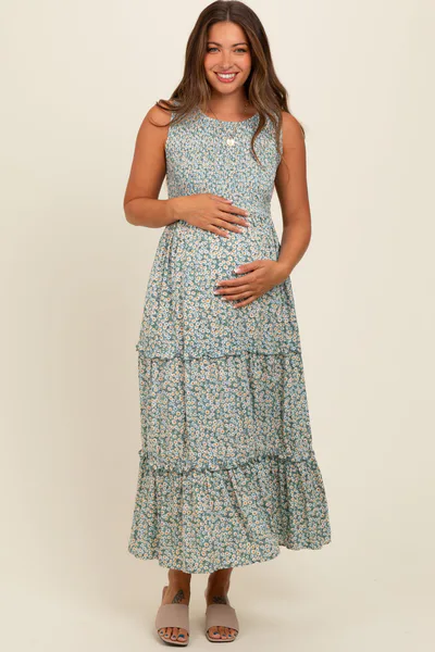 PinkBlush Light Olive Floral Sleeveless Ruffle Tiered Maternity Maxi Dress