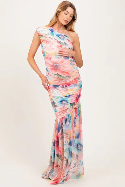 PinkBlush Multicolor Floral Ruched Mesh One Shoulder Maternity Maxi Dress