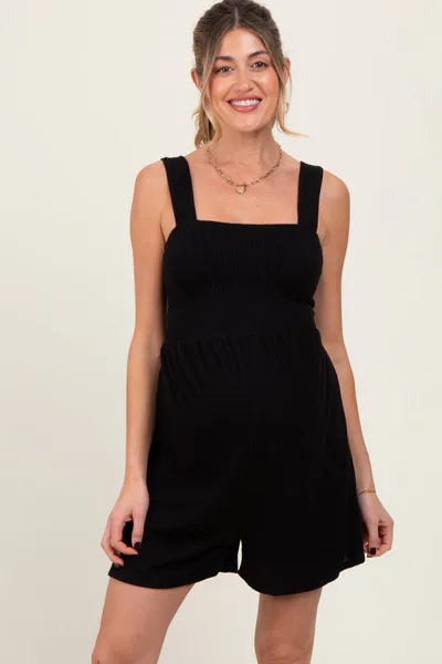 PinkBlush Black Ribbed Smocked Bodice Maternity Romper