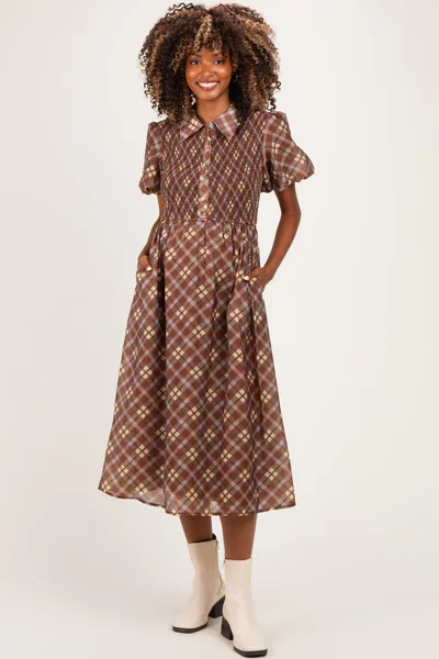 PinkBlush Brown Plaid Smocked Maternity Shirt Dress