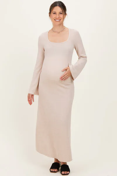 PinkBlush Cream Solid Ribbed Long Sleeve Square Neck Maternity Maxi Dress