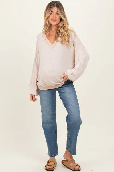 PinkBlush Beige Brushed Long Sleeve Ribbed V-Neck Maternity Top